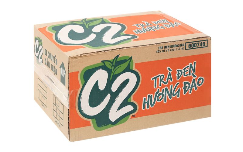 Quy cách đóng gói 1 thùng trà đen C2 hương đào chai 455ml gồm 4 lốc, mỗi lốc 6 chai